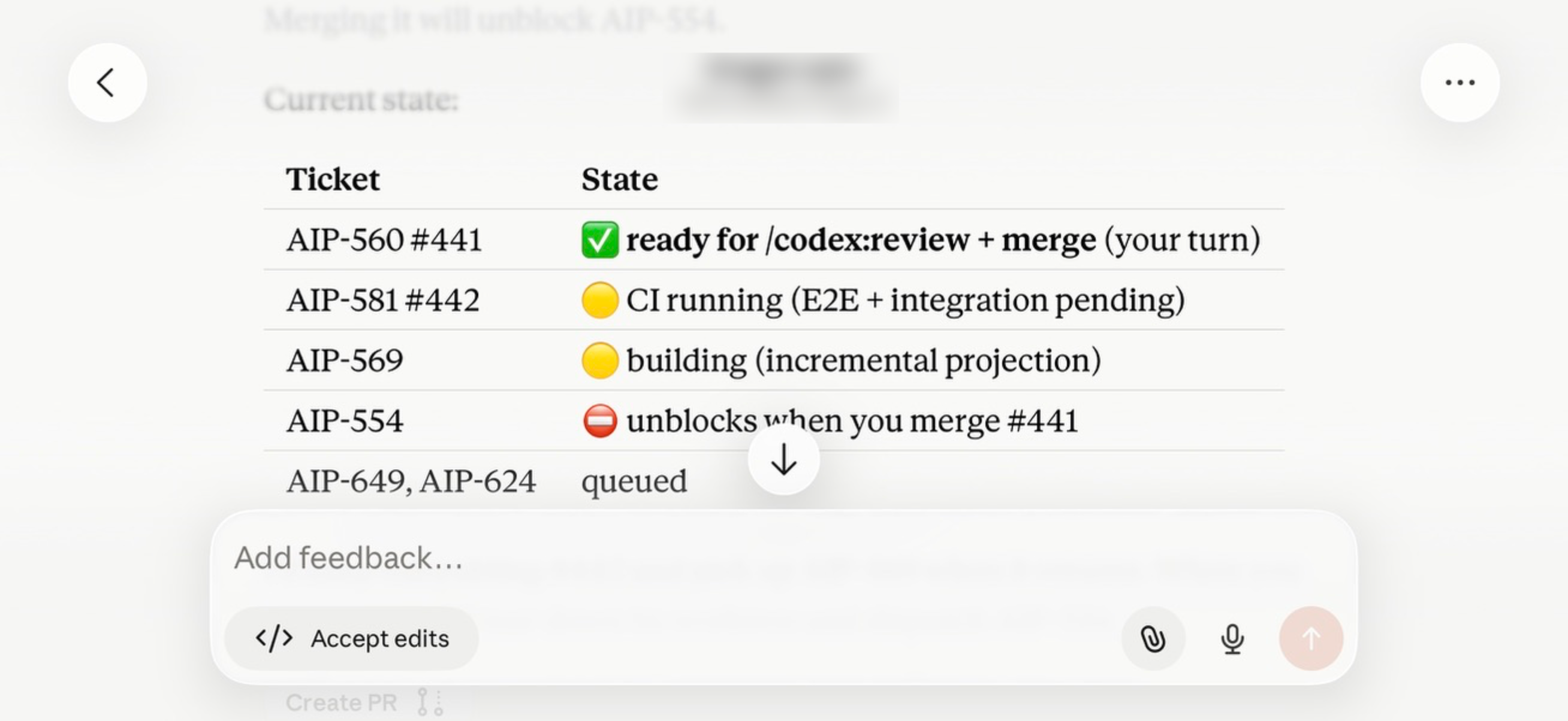 An agent-run epic checkpoint — ticket states (ready to merge, CI running, blocked, queued) with accept-edits and create-PR controls