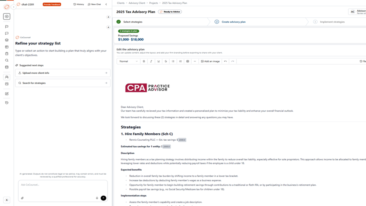 Ready to Advise - AI-powered tax planning advisory interface for accounting firms