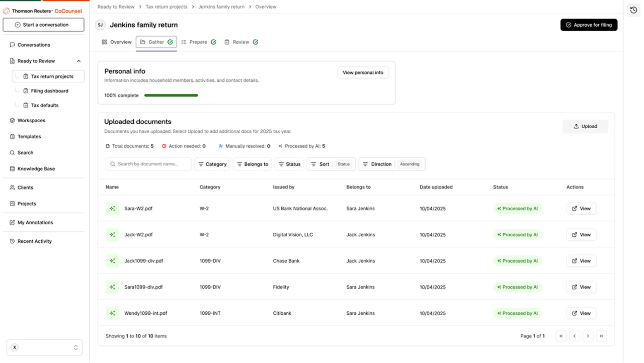 Ready to Review - Enterprise AI tax workflow application interface showing advanced features